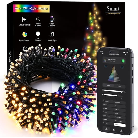 Christmas Tree Lights, 98 ft 300  Color Changing Christmas Lights, Warm White & Multicolor Mini String Light, Music Xmas Fairy Light for Indoor Outdoor Decor, APP/Voice Control
