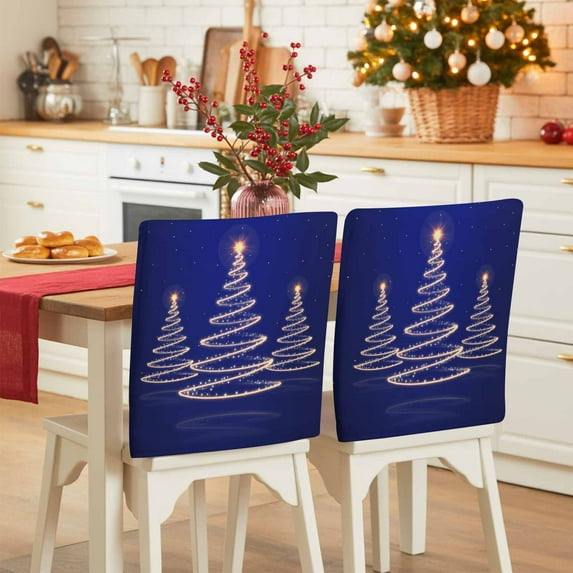 Christmas Tree Lights Chair Covers Set of 8 Stars Shinny Gold Blue Art Abstract Chair Back Covers Stretch Removable Washable Slipcovers Protector for Dining Room Kitchen Party Decor