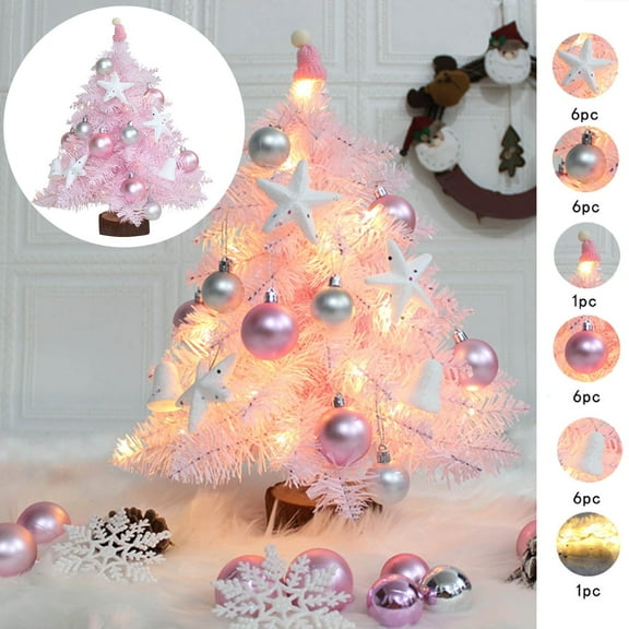 Christmas Tree with Lights Pink Mini, 18 Inch Snow Flocked Small Christmas Tree Artificial Tabletop Xmas Decor Christmas Decoration for Home, Office, Party(Pink Flocked)
