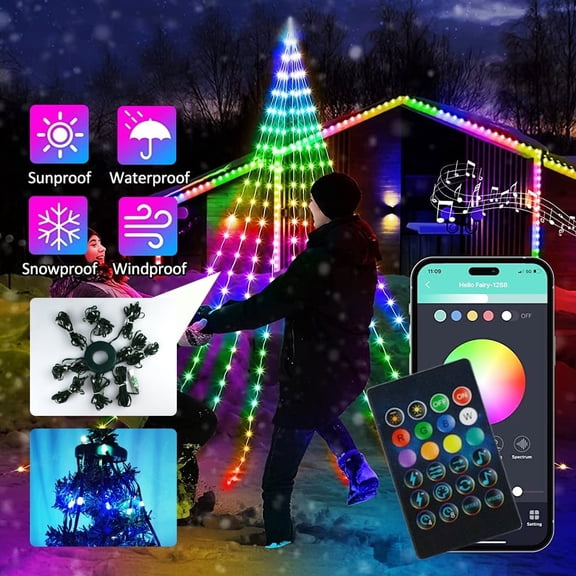 Christmas Tree Lights,Waterproof Waterfall String Fairy Light,10 Modes Outdoor Xmax Decorations For Patio, Yard, Party Holiday, Wedding(200LED, Fit 4-9FT Christmas Tree)
