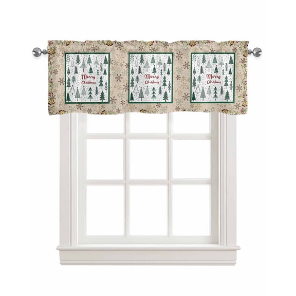 Christmas Tree Linen Curtain Valance for Bedroom/Bathroom/Kitchen/Office/Living/Dining Room Window,Green Xmas Tree Bells Berry Botanical Rustic Rod Pocket Topper Decorative Cafe Drapes Panel 54"x18"