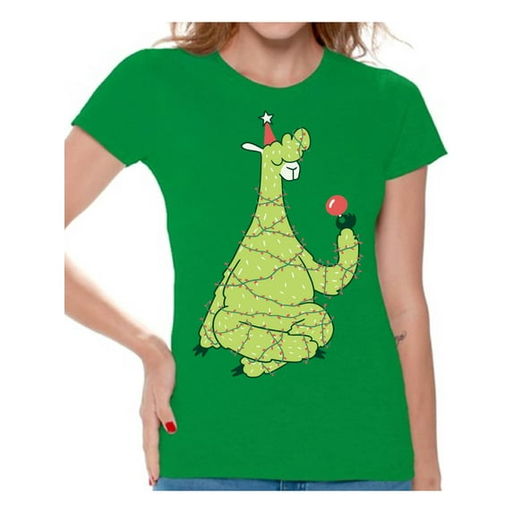 Christmas Tree Llama Women Shirt Xmas Gifts for Her Lama Women's Tee Happy Holidays Merry Xmas T-Shirt