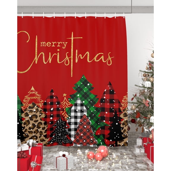 Christmas Tree Long Shower Curtain Set, Waterproof Shower Curtains for Bathroom, Red Xmas Tree Buffalo Plaid Leopard Washable Fabric Cloth Bath Curtain for Bathtub Decoration with Hooks 72x84 Inches