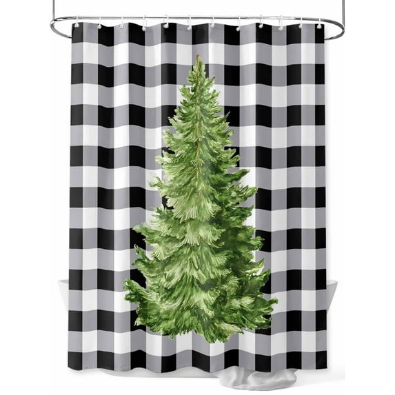 Christmas Tree Long Shower Curtain Set, Waterproof Shower Curtains for Bathroom, White Black Plaid Farmhouse Xmas Holiday Washable Fabric Cloth Bath Curtain for Bathtub with Hooks 72x84 Inches