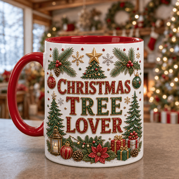 Christmas Tree Lover Ceramic Mugs with Pine Tree & Star Topper Design Holiday Gift