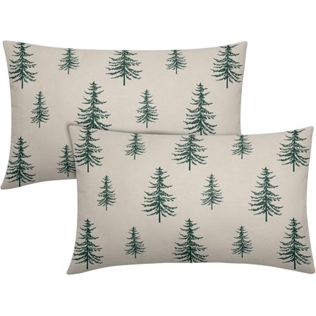 Christmas Tree Lumbar Pillow Covers 12x20 Set of 2 Green Xmas Vintage Winter Print Decorative Outdoor Linen Throw Pillows Cases Cushion Cover Rustic Holiday Decoration Farmhouse Sofa Couch Bed Decor