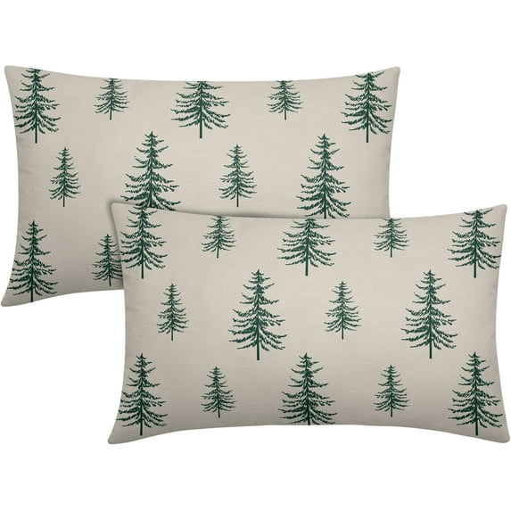 Christmas Tree Lumbar Pillow Covers 12x20 Set of 2 Green Xmas Vintage Winter Print Decorative Outdoor Linen Throw Pillows Cases Cushion Cover Rustic Holiday Decoration Farmhouse Sofa Couch Bed Decor