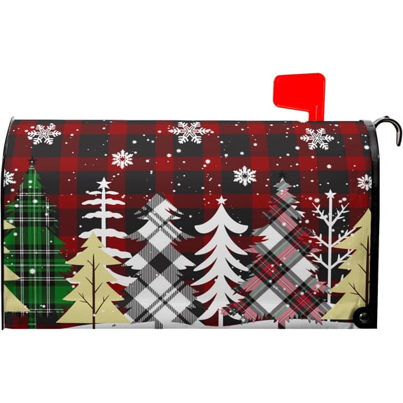 Christmas Tree Magnetic Mailbox Cover Large Size 25.5x21 Inch Winter Snowflake Buffalo Plaid Decorative Mail Box Post Covers Happy Holiday Xmas Letter Box Wraps for Home Outdoor Garden Yard Decor