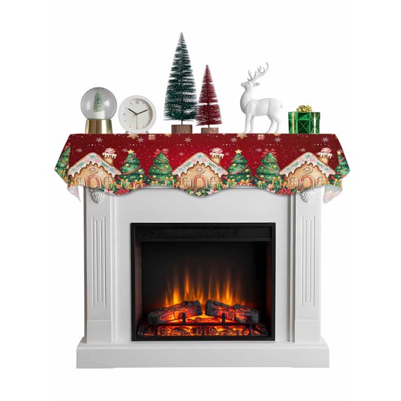 Christmas Tree Mantel Scarf Fireplace Decorations for Living Room, House Xmas Winter Snowflake Gingerbread Fireplace Mantel Scarf Cover Runner for Halloween/Thanksgiving/Christmas Decor 60"x17"