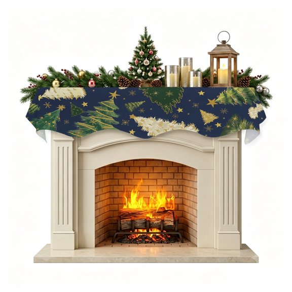 Christmas Tree Mantel Scarf Fireplace Decorations for Living Room, Navy Blue Green Xmas Tree Winter Fireplace Mantel Scarf Cover Runner for Halloween/Thanksgiving/Christmas Decor 90"x17"