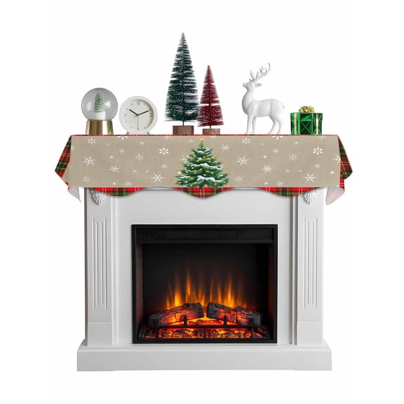 Christmas Tree Mantel Scarf Fireplace Decorations for Living Room, Red Green Checker Snowflake Farmhouse Fireplace Mantel Scarf Cover Runner for Halloween/Thanksgiving/Christmas Decor 90"x17"
