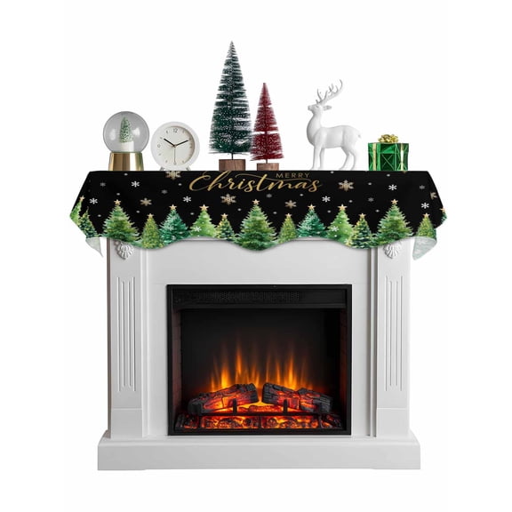 Christmas Tree Mantel Scarf Fireplace Decorations for Living Room, Winter Snowflakes Xmas Pine Tree Black Fireplace Mantel Scarf Cover Runner for Halloween/Thanksgiving/Christmas Decor 70"x17"