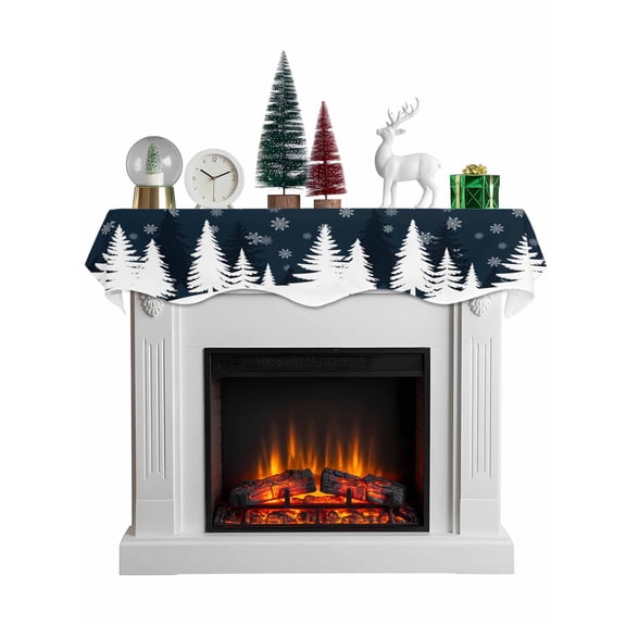 Christmas Tree Mantel Scarf Fireplace Decorations for Living Room, Xmas Pine Tree Winter Snowflakes Blue Fireplace Mantel Scarf Cover Runner for Halloween/Thanksgiving/Christmas Decor 60"x17"