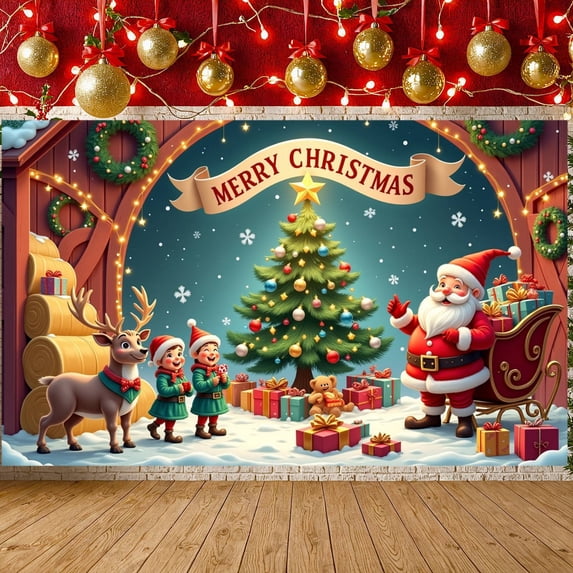 Christmas Tree Merry Christmas Banner Santa Claus Christmas Display Reindeer Gift Boxes Xmas Backdrop for Christmas Party Holiday Decoration Family Gathering