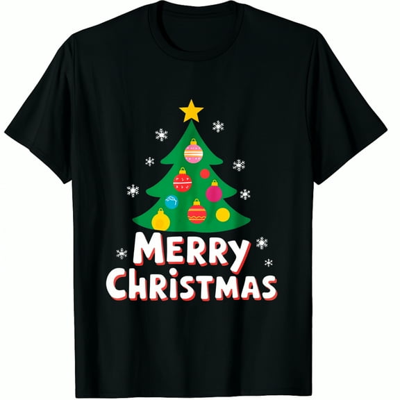 Christmas Tree Merry Print Holiday Party Wear Black Graphic T-Shirt for Men and Women