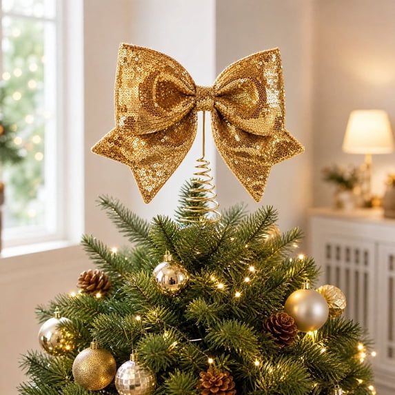 Christmas Tree Metal Bow Decoration, Gold Sequined Bow Ornament for Tabletop, Mantel, Shelf, Party and Festive Home Decor