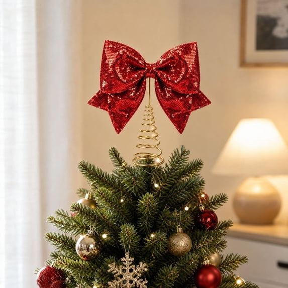 Christmas Tree Metal Bow Decoration, Red Sequined Bow Ornament for Tabletop, Mantel, Shelf, Party and Festive Home Decor
