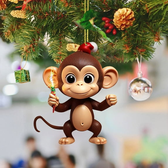 Christmas Tree Pendant - Monkey Holding Ornament - Unique Acrylic Decoration for Book Stacking and Yearly Celebrations