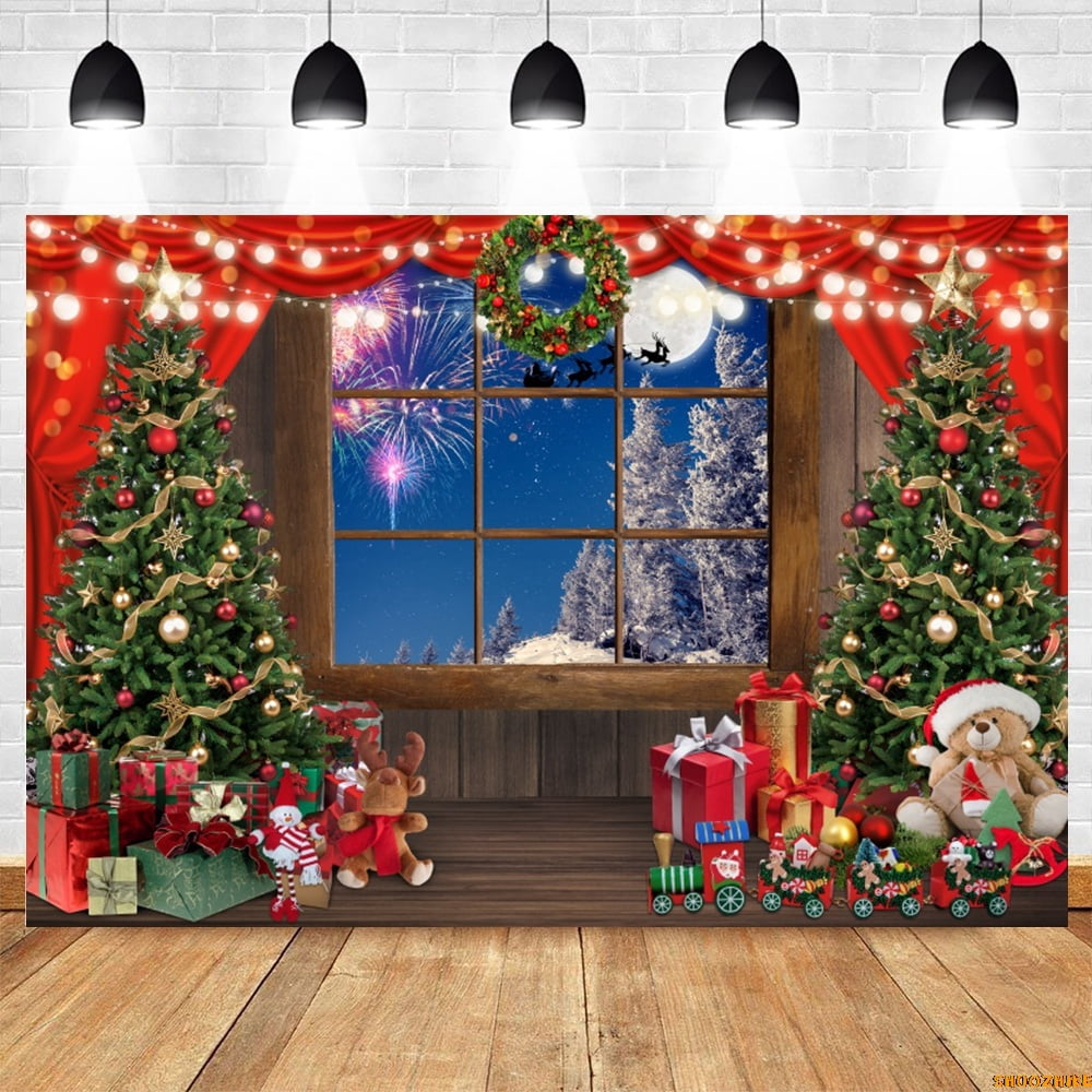 Christmas Tree Moon Window Backdrop Glitter Lights Family Xmas Eve ...