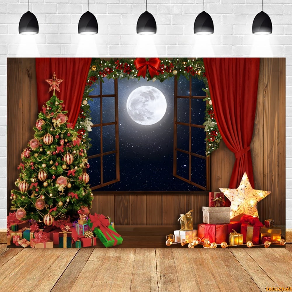 Christmas Tree Moon Window Backdrop Glitter Lights Family Xmas Eve ...