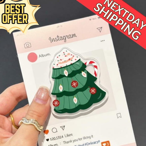 Christmas Tree Mug Magnetic Phone Grip: Festive Holiday Popgrip with Candy Cane & Ornaments, Pine Tree Phone Holder, Perfect Xmas Gift