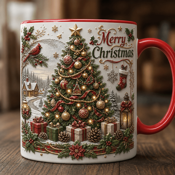 Christmas Tree Ceramic Coffee Mugs with Ornament Lights, Festive Holiday Gift 11 oz 15 oz