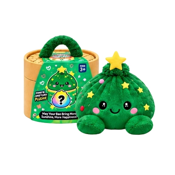 Christmas Tree Mystery Dumpling Plush Toy, Holiday Stuffed Squeeze Plush with Simulated Steamer Basket & Fuzzy Handle, Cute Collectible Gift