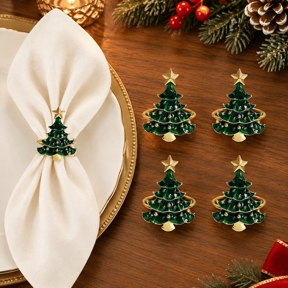 Christmas Tree Napkin Rings Set, Metal Golden Green Christmas Tree Shape Decorative Napkin Ring Holders Buckle Table Setting for Merry Xmas Holiday Dining Party Tabletop Decor (Green, Medium)
