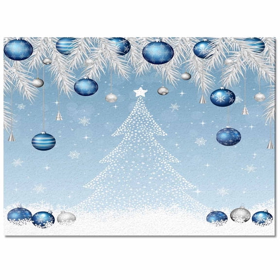 Christmas Tree Navy Ball Area Rug 4x6ft White Pine Branch Winter Snowflakes Blue Non-Slip Washable Square Rugs Soft Felt Indoor Floor Mat for Bedroom Kitchen Living Room Bathroom