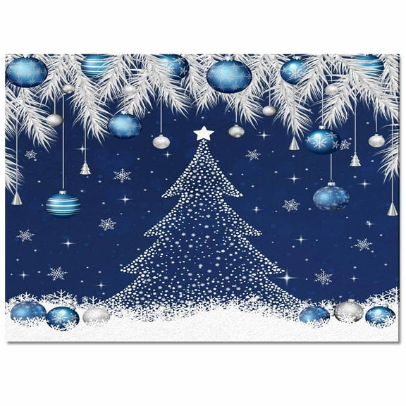 Christmas Tree Navy Ball Area Rug 5x7ft White Pine Branch Winter Snowflakes Dark Blue Non-Slip Washable Square Rugs Soft Felt Indoor Floor Mat for Bedroom Kitchen Living Room Bathroom