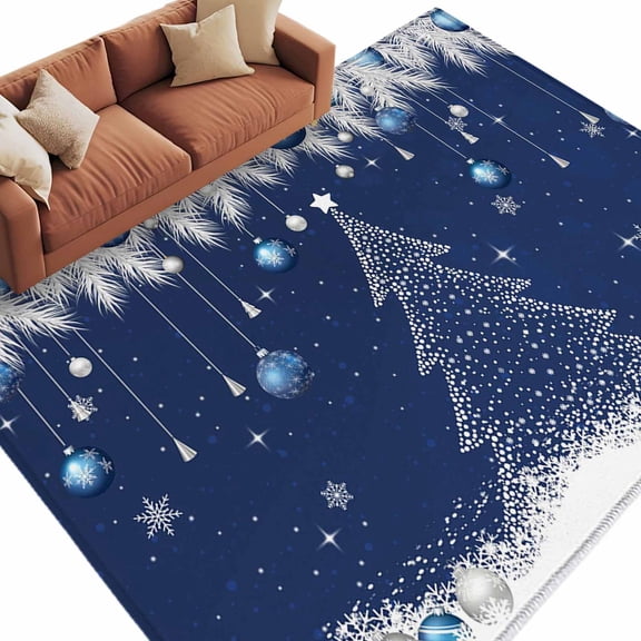 Christmas Tree Navy Ball Area Rug 5x8ft White Pine Branch Winter Snowflakes Dark Blue Non-Slip Washable Square Rugs Soft Felt Indoor Floor Mat for Bedroom Kitchen Living Room Bathroom