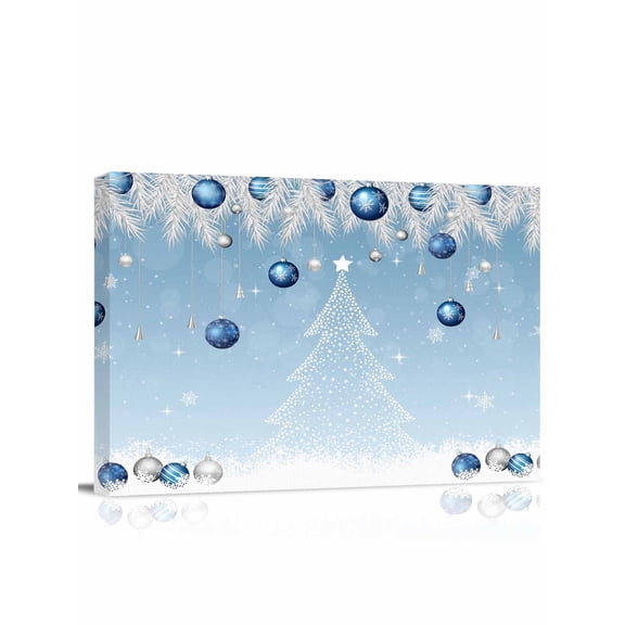 Christmas Tree Navy Ball Canvas Print Wall Art White Pine Branch Winter Snowflakes Blue Pictures Painting Morden Artwork for Living Room Bedroom, Ready to Hang - 12"x16"
