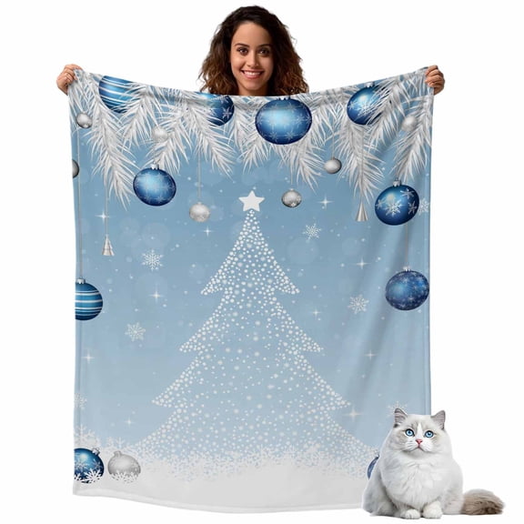 Christmas Tree Navy Ball Fleece Throw Blanket Lightweight White Pine Branch Winter Snowflakes Blue Fuzzy Flannel Throws Super Soft Cozy Flannel Blanket for Couch, Sofa, Bed, Travel 50"x80"