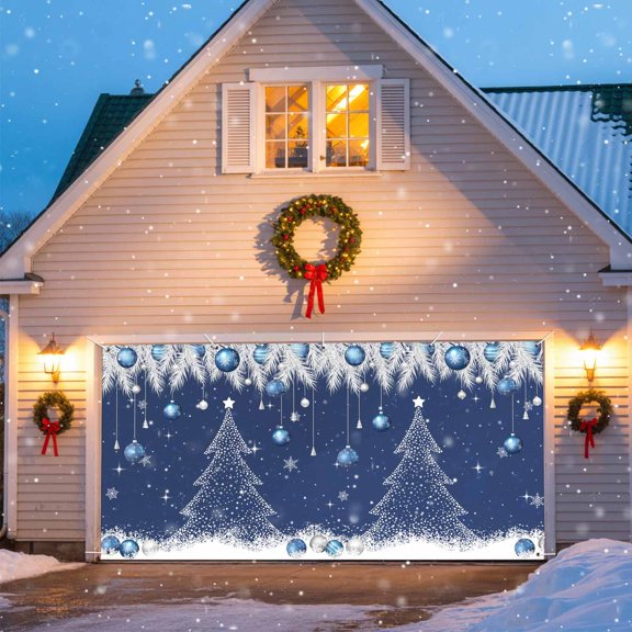 Christmas Tree Navy Ball Garage Door Banner Covers, White Pine Branch Winter Snowflakes Dark Blue Large Hanging Indoor/Outdoor Backdrop Background for Christmas Winter Party Decor, 6.9x16 FT
