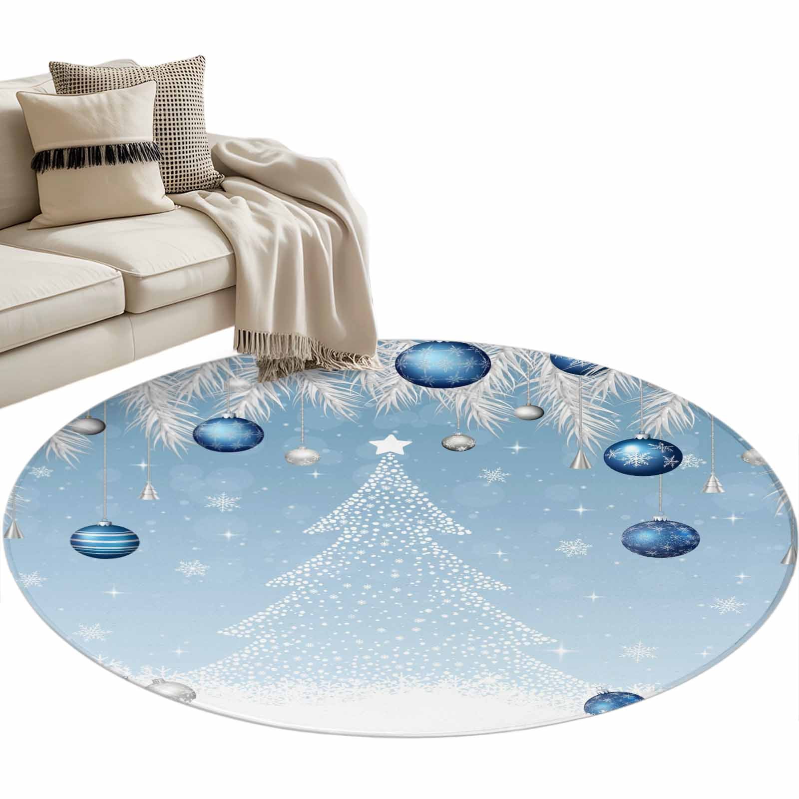 Round Blue Snowflake Rug Christmas Tree Navy Ball Round Area Rug 4ft White Pine Branch Winter ...