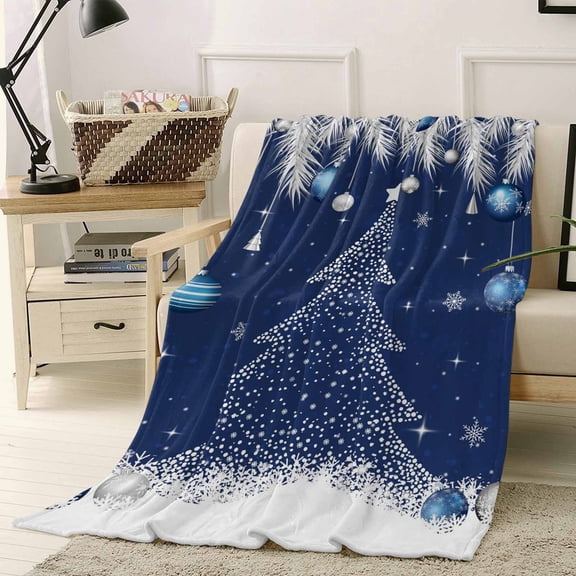 Christmas Tree Navy Ball Throw Flannel Blanket 30x40In White Pine Branch Winter Snowflakes Dark Blue Super Soft Cozy Bed Blanket, Lightweight Plush Fuzzy Bed Throw for Bedroom Sofa Couch Living Room