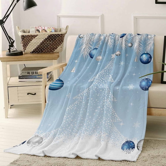 Christmas Tree Navy Ball Throw Flannel Blanket 50x60In White Pine Branch Winter Snowflakes Blue Super Soft Cozy Bed Blanket, Lightweight Plush Fuzzy Bed Throw for Bedroom Sofa Couch Living Room