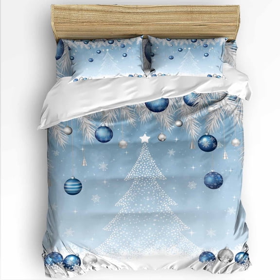 Christmas Tree Navy Ball Twin Size Comforter Set, White Pine Branch Winter Snowflakes Blue Bedding for All Seasons, 4 Pcs Bed Set with 1 Comforter (68"x86") ,1Sheet(66"x116"), 2 Pillowcases (19"x29")