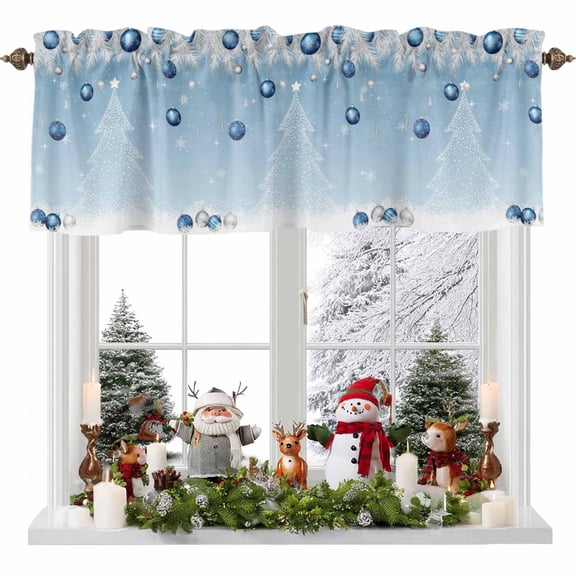 Christmas Tree Navy Ball Valances for Windows, White Pine Branch Winter Snowflakes Blue Rod Pocket Valance Short Window Treatments Curtains for Kitchen Bathroom Bedroom Decor, 42 x 18 Inches