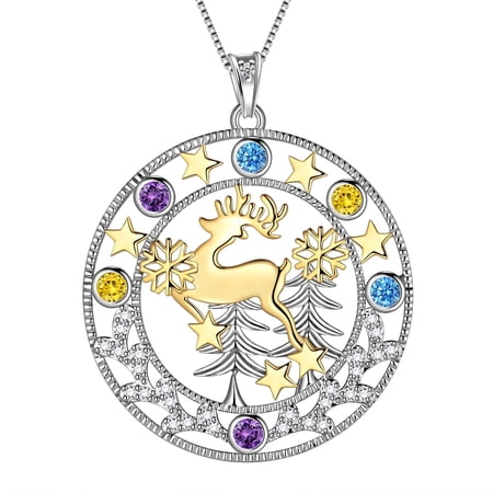 Christmas Tree Necklace for Women, 925 Sterling Silver CZ Pendant Cute Deer Plant Snowflake Stars Festival Costume Jewelry Xmas Gifts Juwaliy