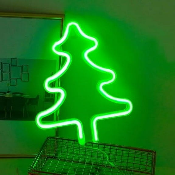 Christmas Tree Neon Light Signs 10x7 Inch LED Night Lights Battery Operated or USB Powered Neon Green Christmas Tree for Bedroom Bedside Dorm Wall Decor Bars Christmas Decorations