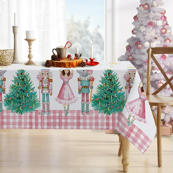 Christmas Tree Nutcracker Rectangle Tablecloth 60x84 Inch, Pink Xmas Snowflakes Buffalo Plaid Decorative Table Cloth Dining Table Cover, Winter Holiday Farmhouse Dinner Party Picnic Decoration