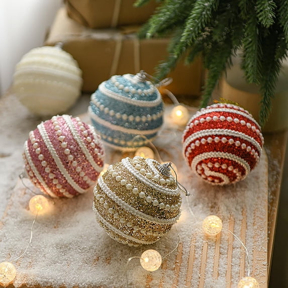 Christmas Tree Ornaments, Elegant Pearl Beaded Baubles Set of 1 Glitter Spiral Decorative Hanging Balls for Holiday Tree, Festive Home and Party Decoration
