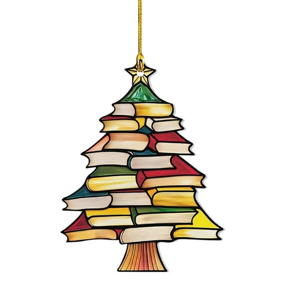 Christmas Tree Ornament, Car Hanging Ornament, Christmas Book Tree Suncatcher Acrylic Decoration, Festive Holiday Car Pendant Decor for Home and Office, Durable Acrylic Material, Holiday Gift Idea