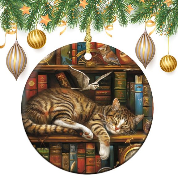 Christmas Tree Ornament Cat Dozing on The Shelves of An Old Library Personalized Christmas Ornament Library Academics Feline Boho Design Ornament Customized Ceramic Xmas Tree Decor
