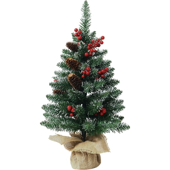 CIMAXIC Small Green Artificial Christmas Tree Tabletop Decor with Red Berries Pine Cone Xmas Decoration