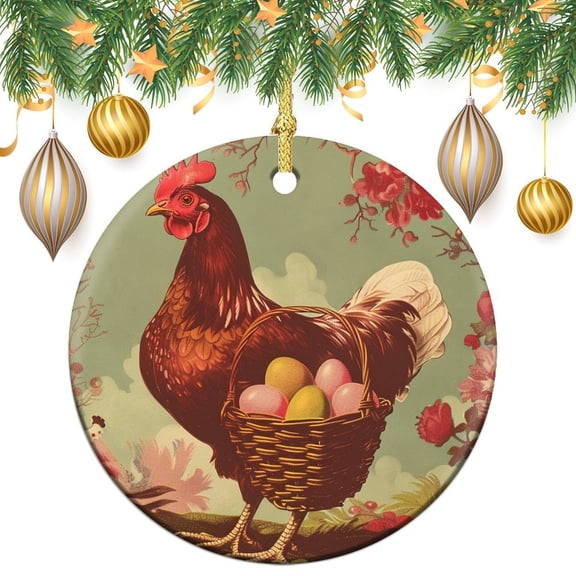 Christmas Tree Ornament Farmhouse Welcome Easter Holiday Funny Christmas Ornaments 2024 Christmas Decorations Ceramic Ornaments Hen Carrying Easter Eggs In Her Basket Christmas Ornaments