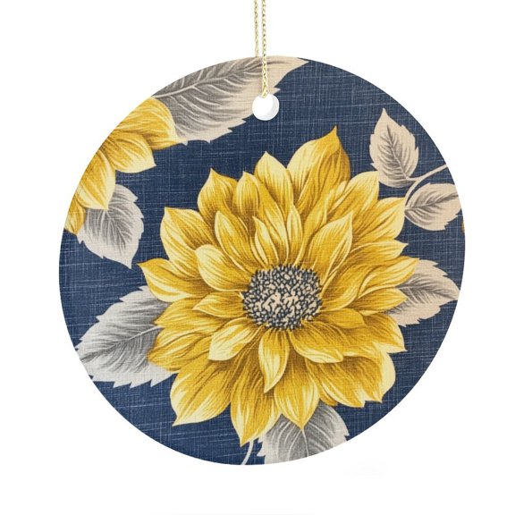 Christmas Tree Ornament Navy Blue Yellow Flower Pattern 2 Side Printed Ornaments Elegant Geometry Flower Ornament Xmas Ornament for Family Sister Friends