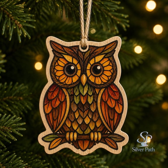 Christmas Tree Ornament Owl Stained Glass Style Wooden Hanging Decor for Nature Lovers