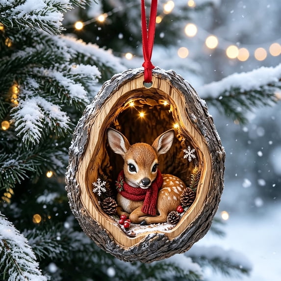 Christmas Tree Ornament, Rustic Deer in Tree Hole Acrylic Hanging Pendant for Indoor Christmas Tree, Holiday Party Winter Decor, 3.15 Inch Red Ribbon